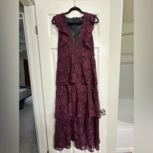 Lulu’s Molinetto Burgundy Lace Ruffled Tiered Sleeveless Maxi Dress